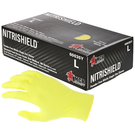 Mcr Safety NitriShield, Disposable Gloves, 3.5 mil Palm, Nitrile, Powder-Free, XL, 1000 PK, Yellow 60035YXL